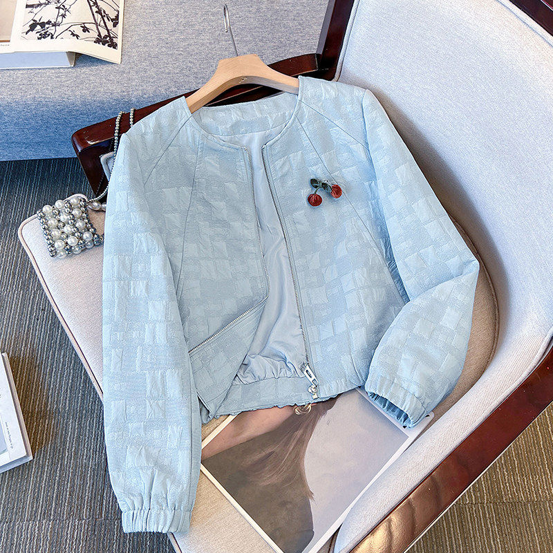开春蓝色短款夹克外套女款2026新款今年流行爆款小个子圆领棒球服