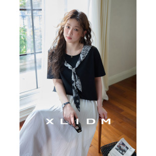 上衣 通勤风夏季 胖MM宽松短袖 T恤冰氧棉亲肤感腰果花撞色拼接大码