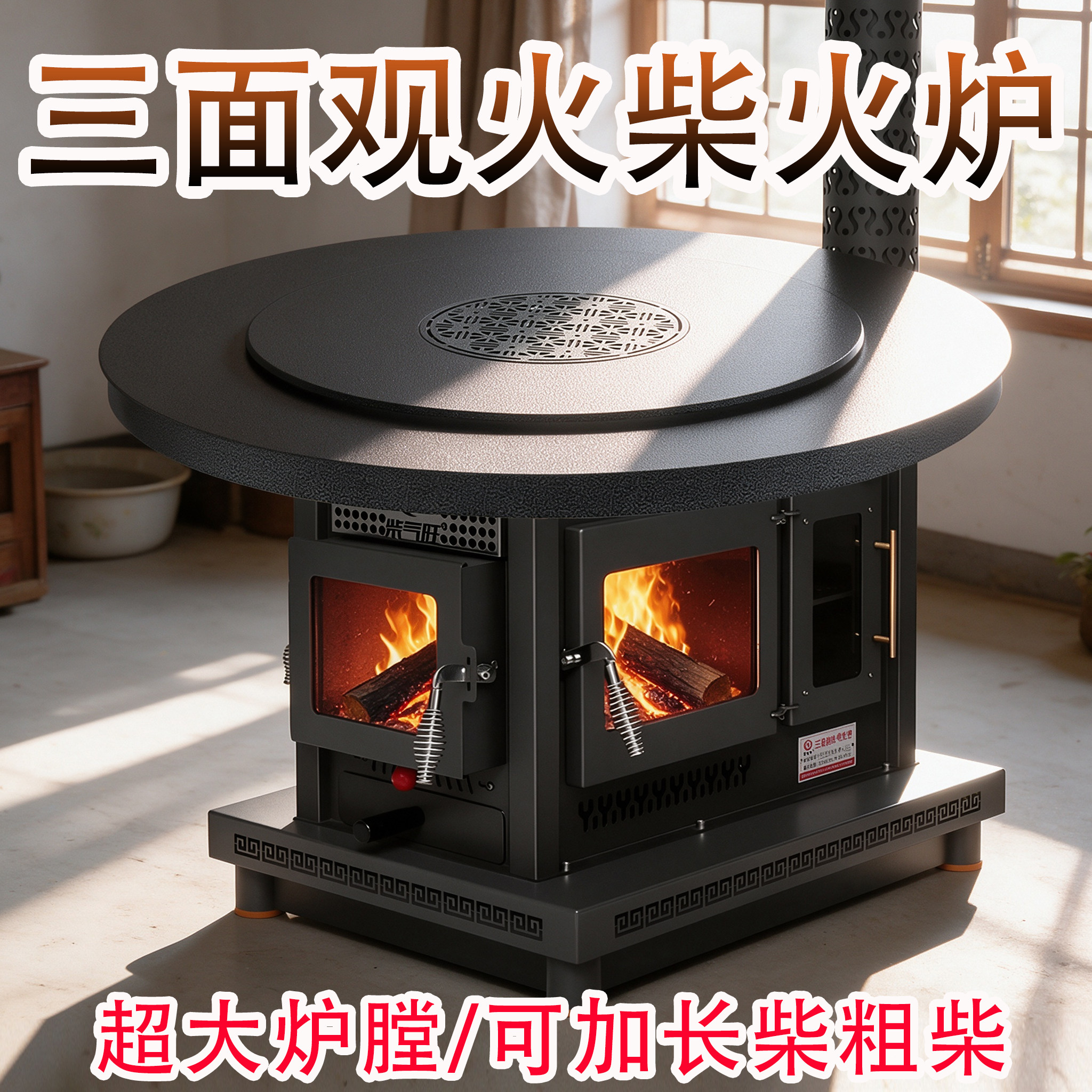 2026新款三面观火气化取暖炉农村家用柴火炉室内加厚柴煤烤火炉子