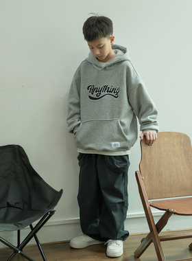 男童灰色连帽卫衣青少年加厚连帽衫中大童2025新款冬季保暖亲子装