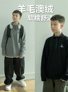 男孩羊毛澳绒立领卫衣2025冬季保暖内搭长袖T恤中大童打底衫