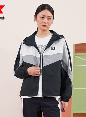 特步运动风衣女2025秋季新款撞色宽松连帽休闲外套976128150004