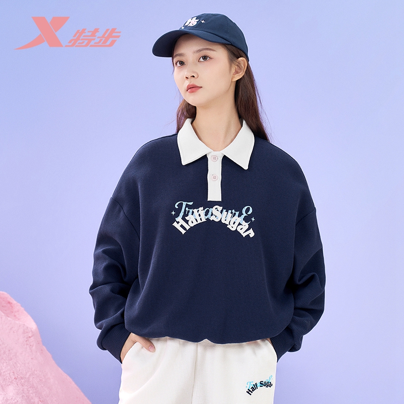 特步半糖系列POLO衫女2025秋冬新款官方正品宽松立领长袖上衣