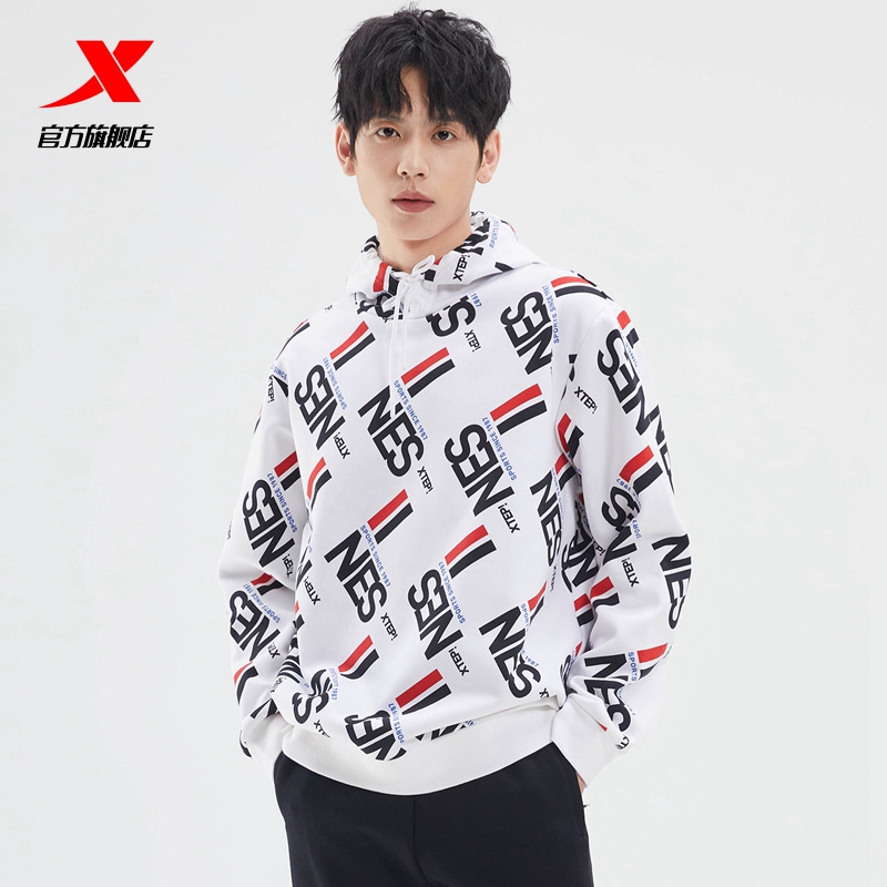 特步运动卫衣男2025冬季新款加绒保暖连帽套头衫针织宽松长袖男装