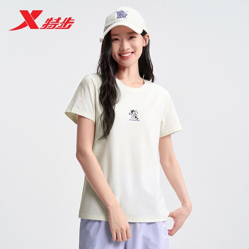 特步圆领T恤女官方夏季休闲简约透气上衣运动短袖975228010264