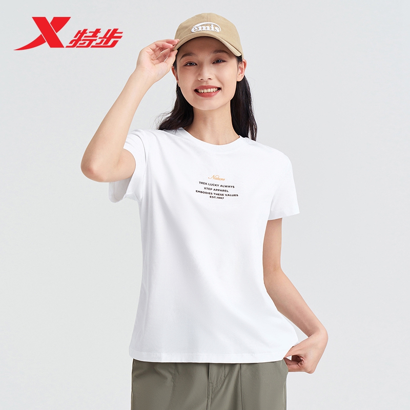 特步短袖女2025夏季新款圆领针织印花舒适运动T恤976228010082