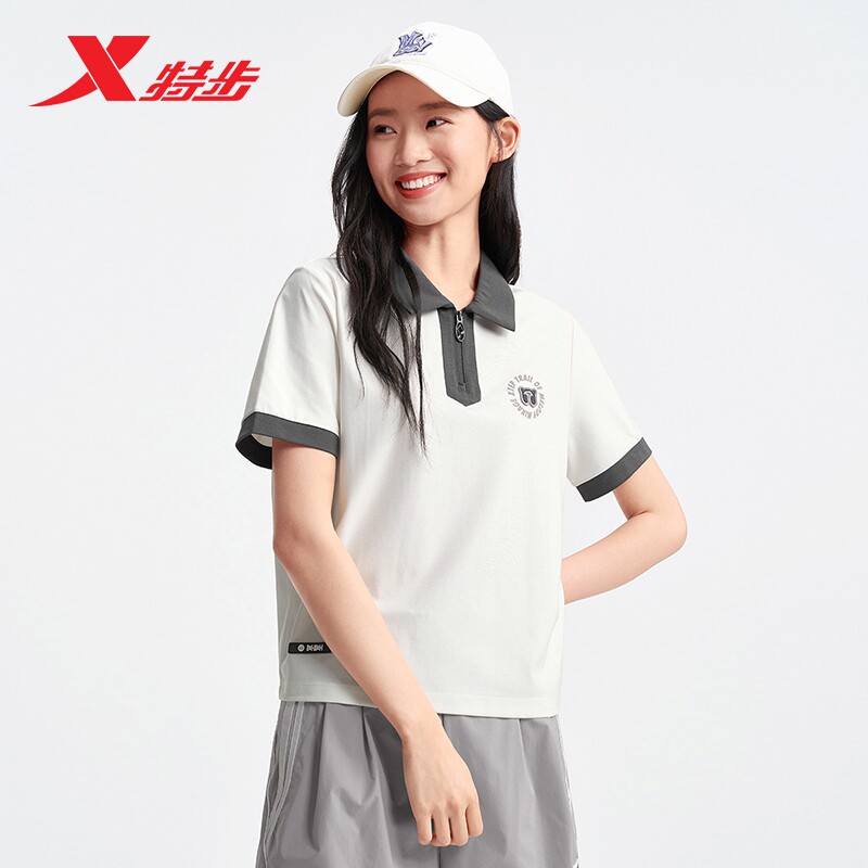 特步POLO衫女官方夏季半拉链休闲半袖运动短袖T恤9752280
