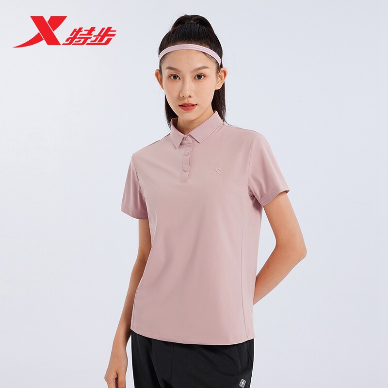 特步短袖POLO衫女26新款夏透气运动上衣训练健身T恤97632