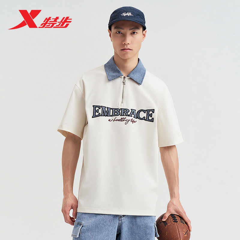 特步短袖2025秋冬官方新款运动透气休闲翻领半袖校园风男子POLO衫