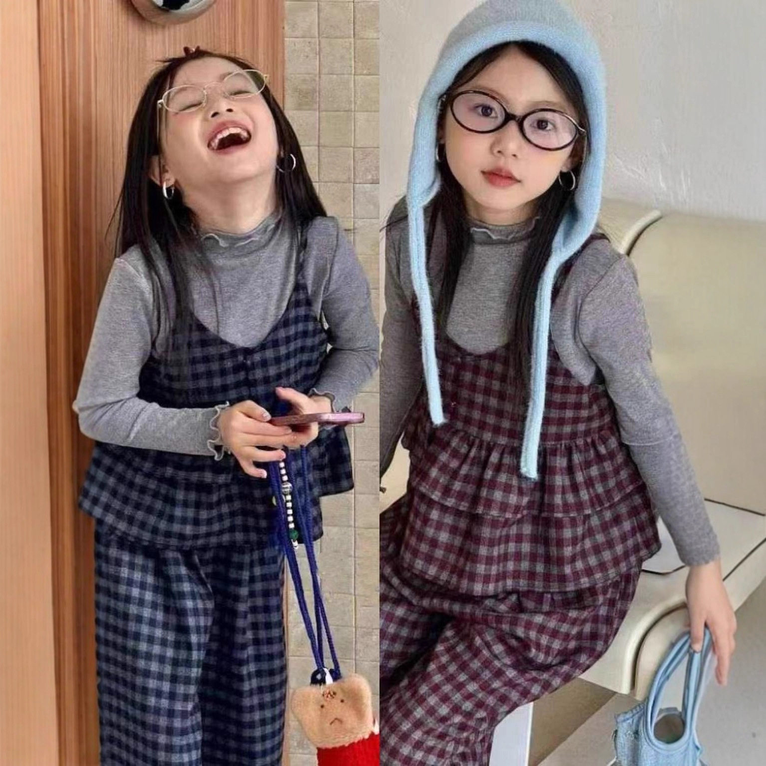洋气儿童装女童套装英伦格子背心打底衫裤子三件套25春秋装新款潮