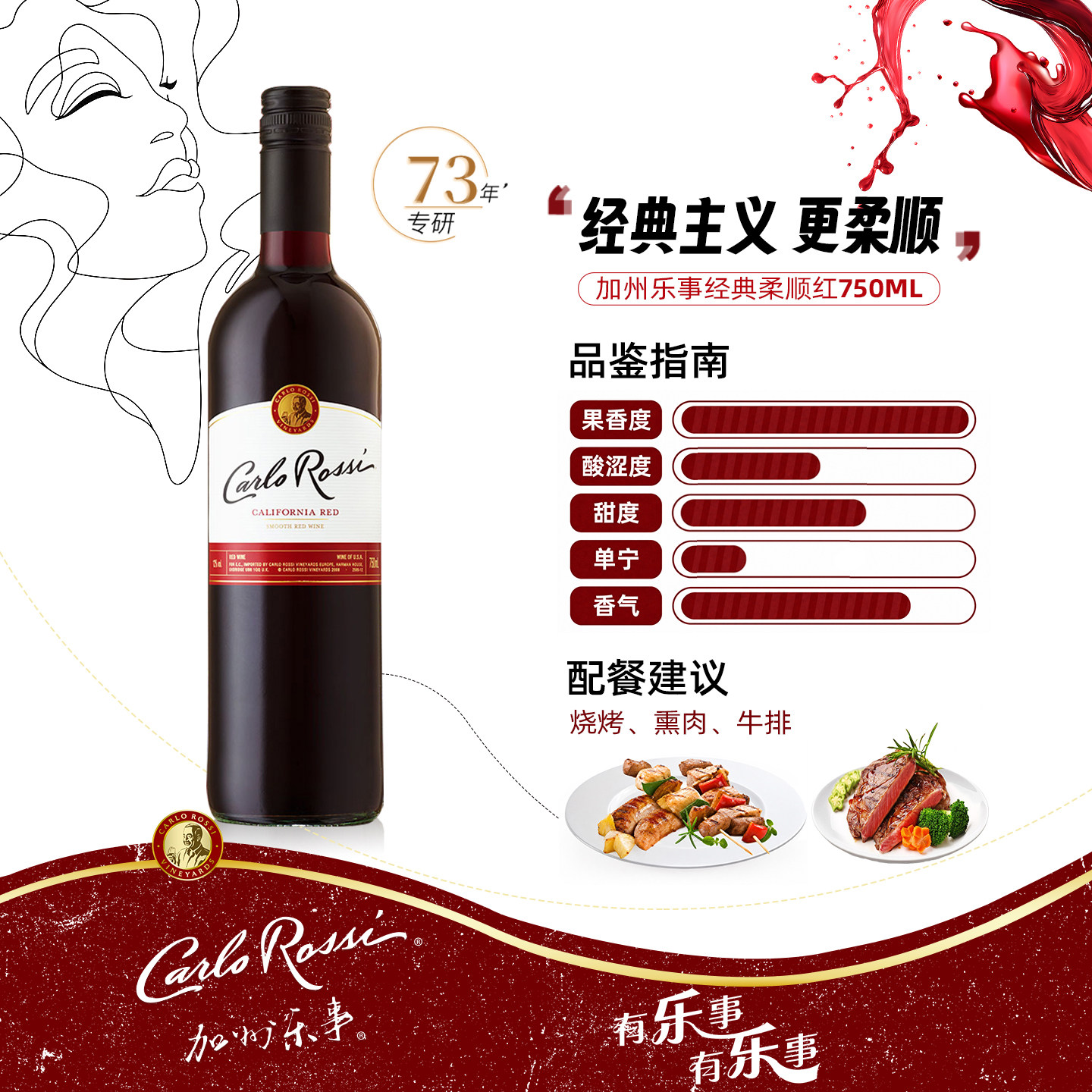 加州乐事柔顺红&馥郁红半干葡萄酒750ml单只尝鲜美国原瓶进口红酒