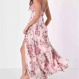 外单跨法式 高腰裙度假裙 粉色碎花显瘦开叉长裙优雅派对连衣裙女式