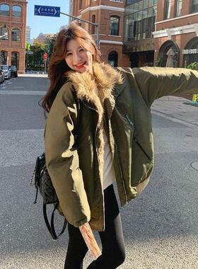 新款派工装克服酷飒风加厚毛毛领羊羔女冬季大外套加绒2025军绿色