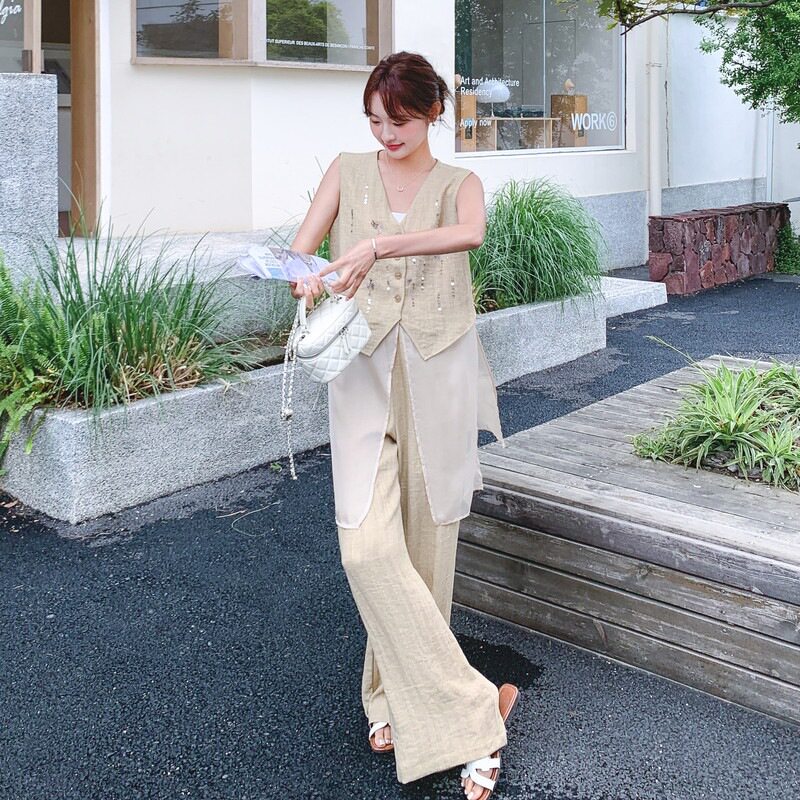 老新款上市常规优质2026年夏季精品三件套钱风亚麻网纱亮片感套装
