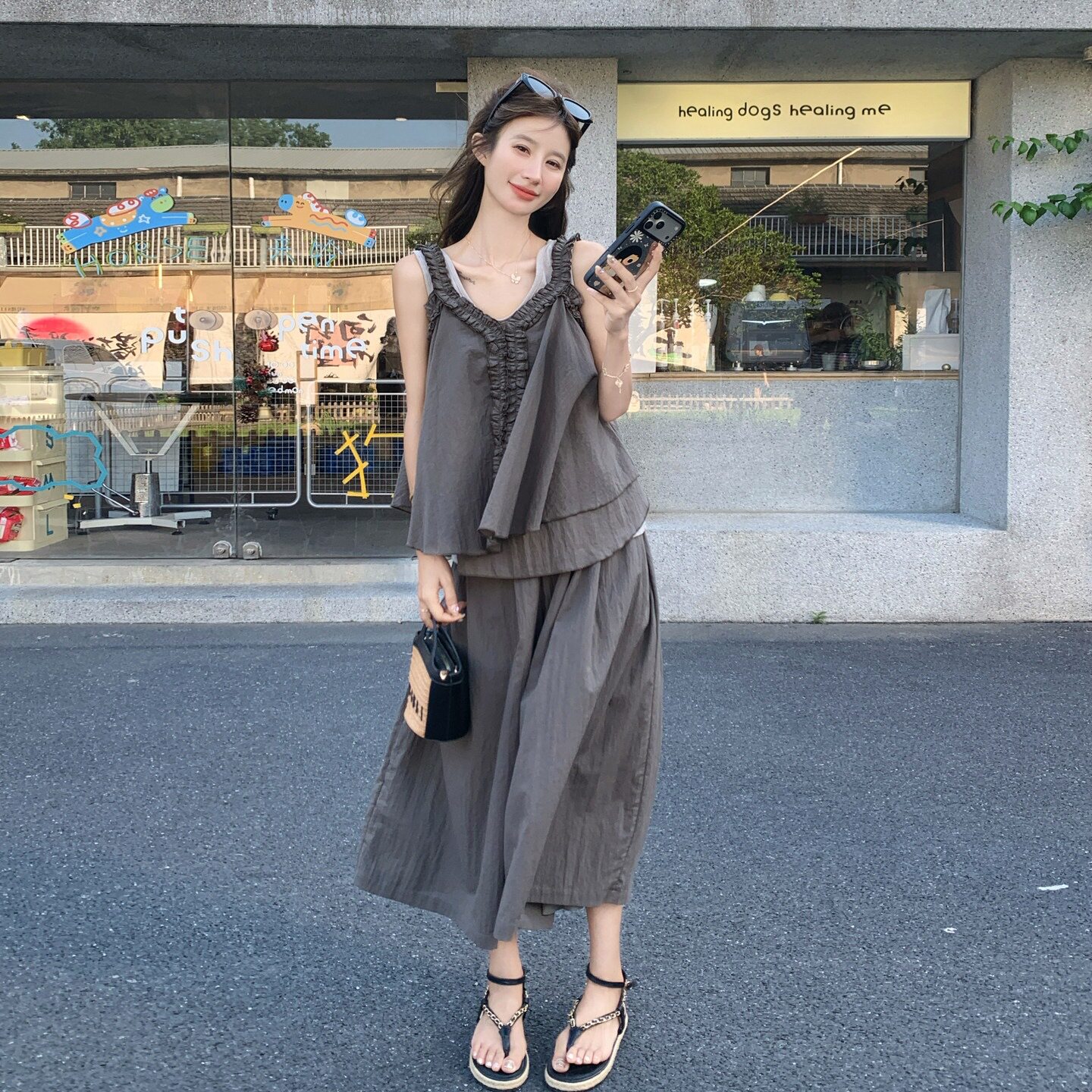 韩系温柔边袖背心套装夏季轻薄透气遮肉宽松阔腿裤三件套