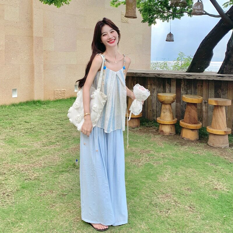度假风条纹吊带上衣阔腿裤两件套女夏季2026新款清凉套装时尚穿搭