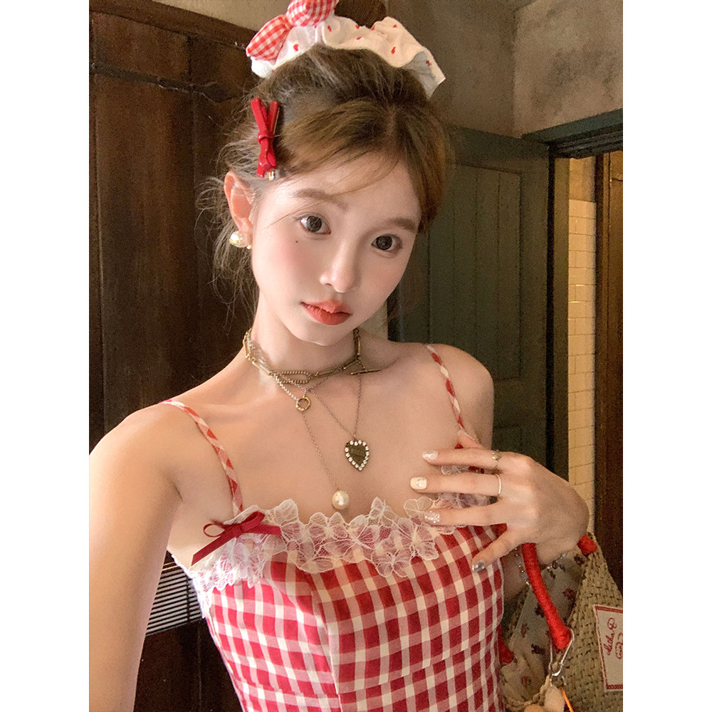 Acaine中长款红色格子吊带a字连衣裙女夏季法式甜美小个子裙子