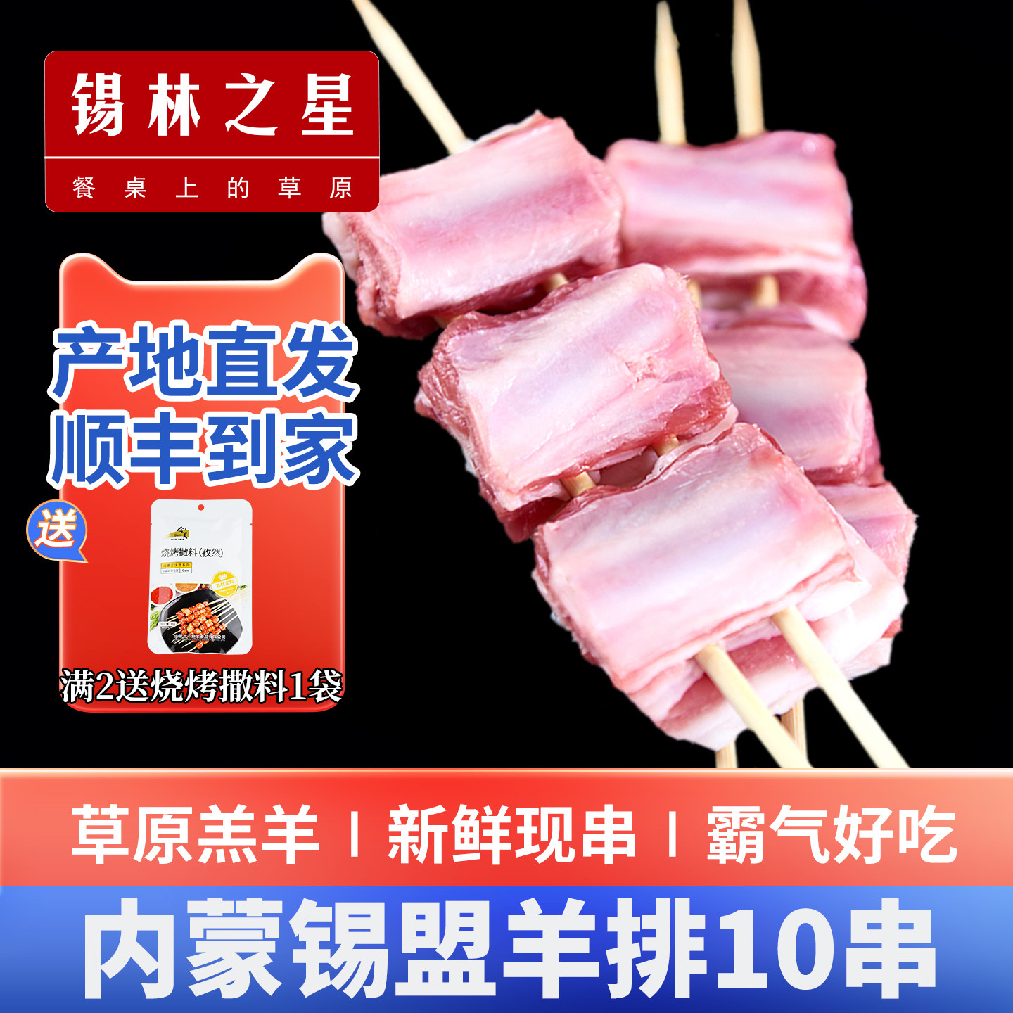 锡林之星内蒙古羊排新鲜半成品羊肋排串羊肉串烧烤食材10串,水产肉类/新鲜蔬果/熟食,羊肉串,淘宝优惠券,粉丝福利购,淘宝优惠卷