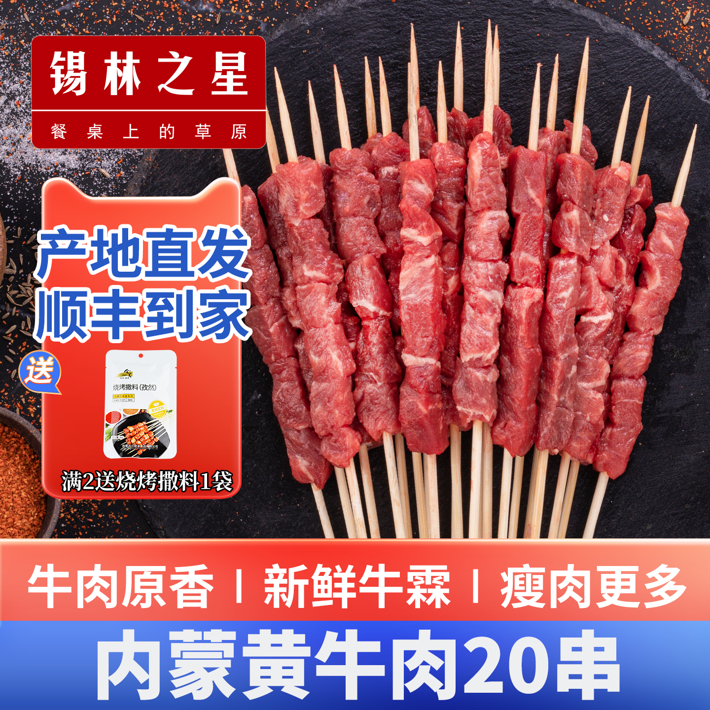 锡林之星牛肉串新鲜竹签烧烤食材半成品冷冻家用户外烤串20串