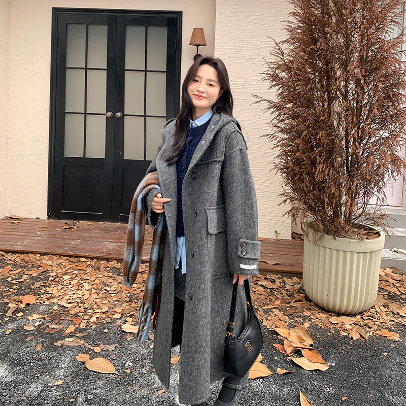 灰色连帽双面羊毛呢大衣女2024新款高级感长款宽松羊绒秋冬天外套