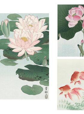 荷花金鱼风景中式风绿色装饰画