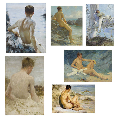 进口英国Rosenstiels画家Henry Scott Tuke赤裸男背影原版装饰画