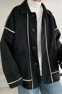 2026秋冬新款制服男女撞色麂皮绒宽松休闲风衣学院外套MJ235-P118图片