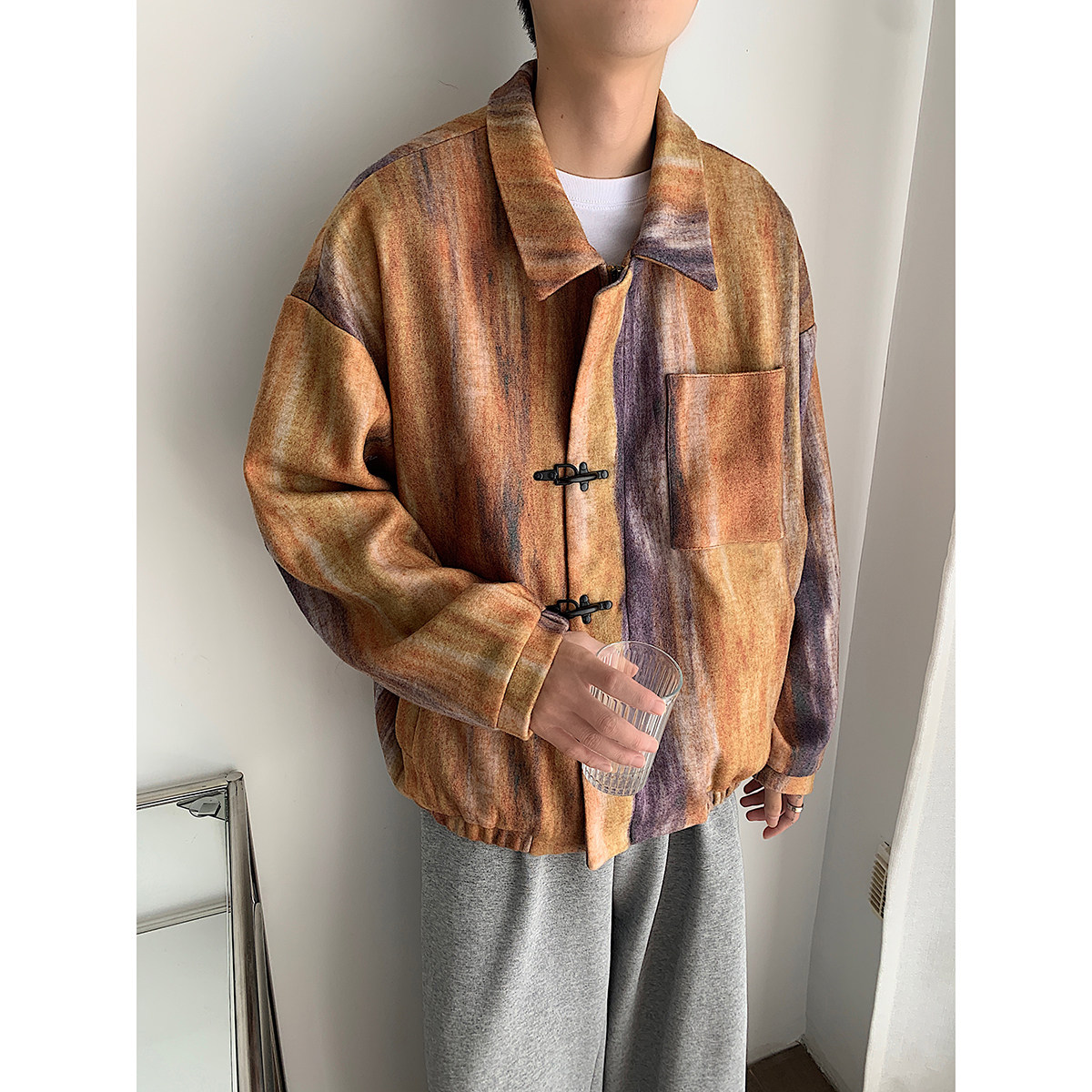 轻熟美式复古晕染夹克外套翻领拉链宽松毛呢大衣现货mj627-p135,男装夹克,电商B288