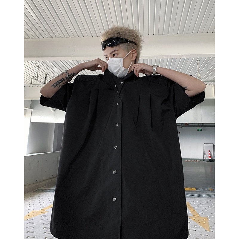24夏季设计感金属铆钉垫肩交领短袖衬衫cs16-p95,男装T恤,电商B288