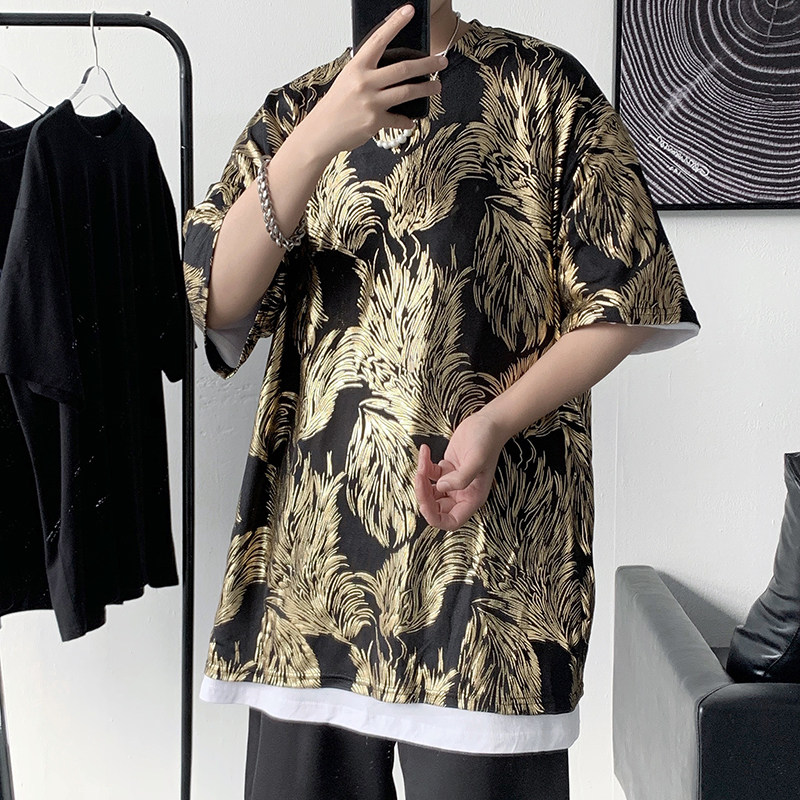 22夏款T恤港风男士冰丝短袖垂感丝滑烫金半袖上衣b288-tx06-p35图片