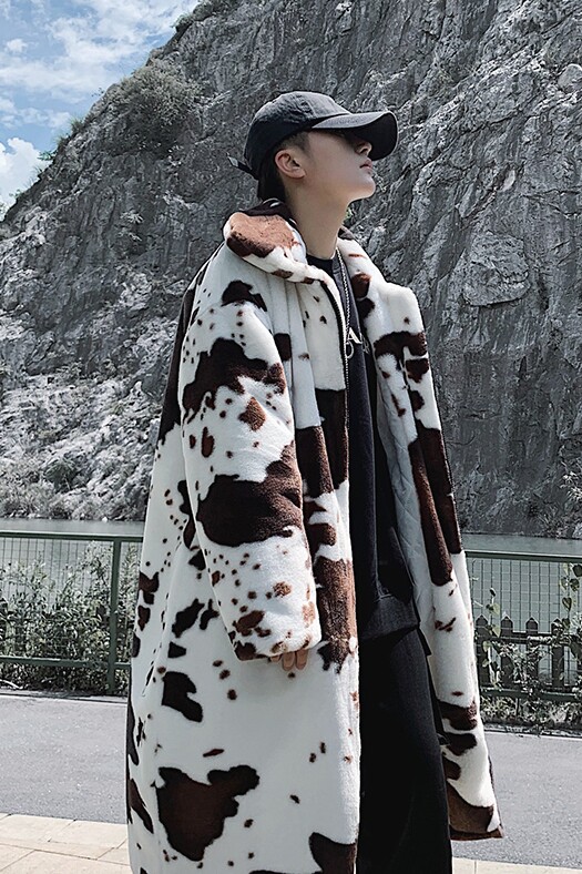 冬季男士潮加厚奶牛纹仿皮草加长过膝潮流棉服外套mj378-p160,男装棉衣,电商B288