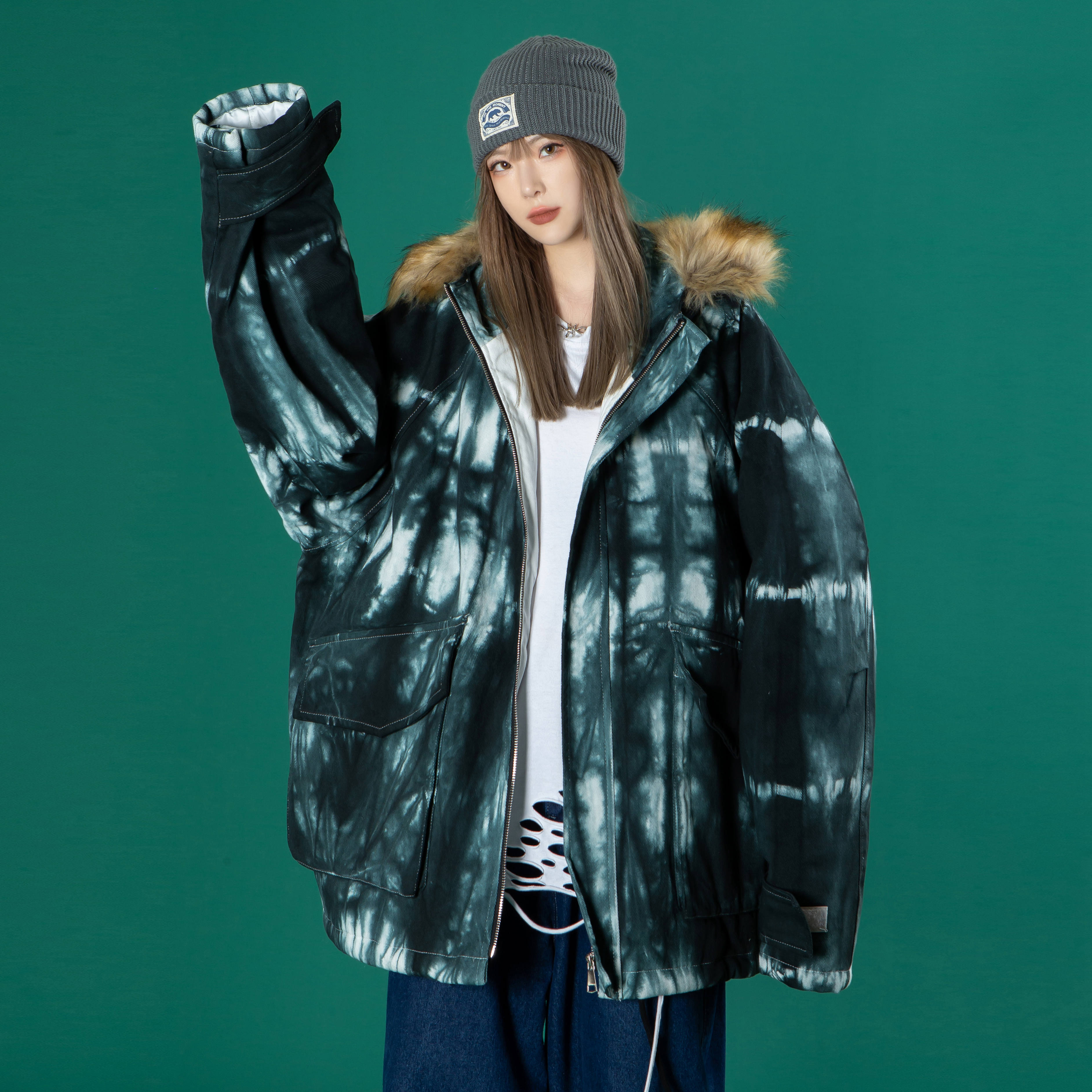 渐变扎染棉衣男女冬季加厚情侣装棉服大毛领连帽外套潮b288-p145,男装棉衣,电商B288