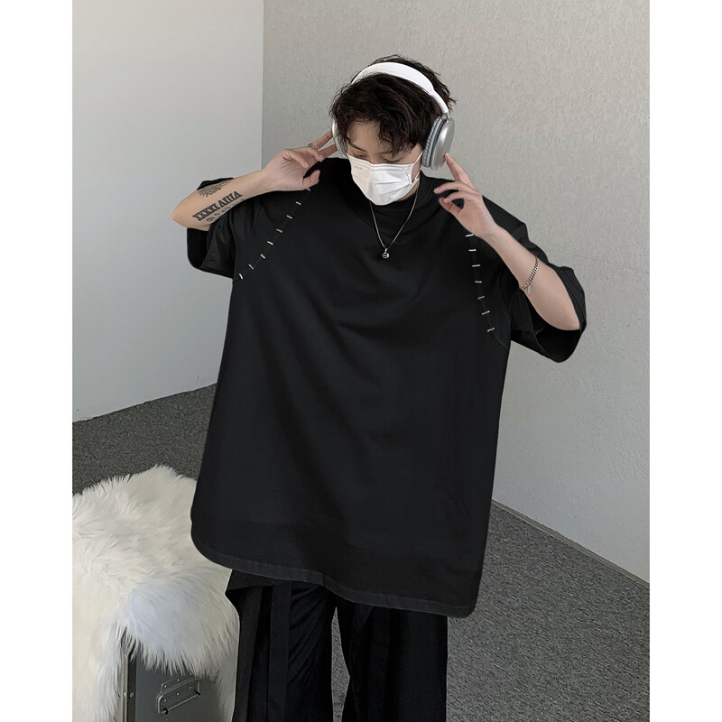 23清爽潮男痞帅垫肩短袖金属铆钉T显瘦恤上衣DX33-P58,男装T恤,电商B288