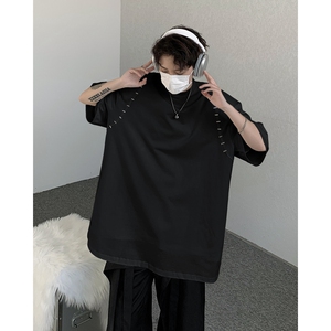23清爽潮男痞帅垫肩短袖金属铆钉T显瘦恤上衣DX33-P58图片