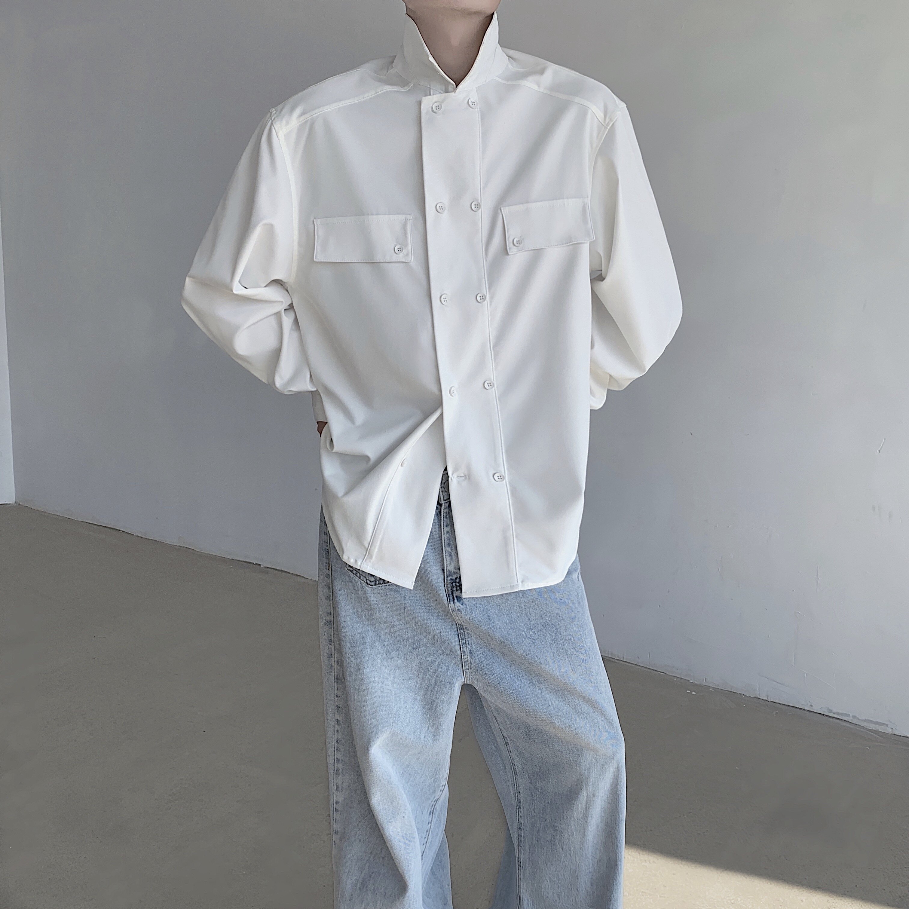 现货！25法式纯白双排扣老钱风男士衬衫cs23-p78,男装衬衫,电商B288