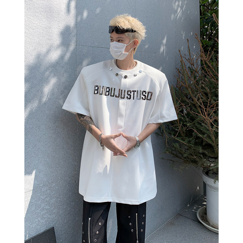 现货！25设计感纽扣装饰印花T恤垫肩短袖DX117-P68,男装T恤,电商B288