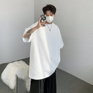 23清爽潮男痞帅垫肩短袖金属铆钉T显瘦恤上衣DX33-P58图片