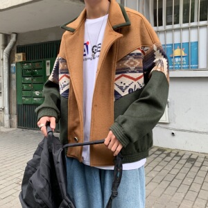 秋冬美式复古校园印花拼接短款毛呢大衣大码外套B288-MJ398-P145图片