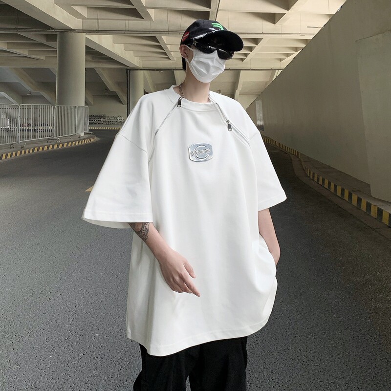 现货！25夏300g金属拉链设计感垫肩T恤重磅高街暗黑短袖DX25-P58,男装T恤,电商B288