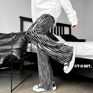 22夏款斑马纹潮流显瘦褶皱垂感男士休闲裤港风风开叉长裤ck96-p50，男装休闲裤，电商B288