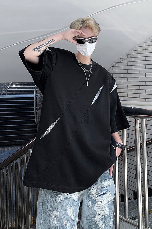 现货！25新解构风暗黑拼接宽松圆领垫肩短袖男T恤b288-dx73-p68,男装T恤,电商B288