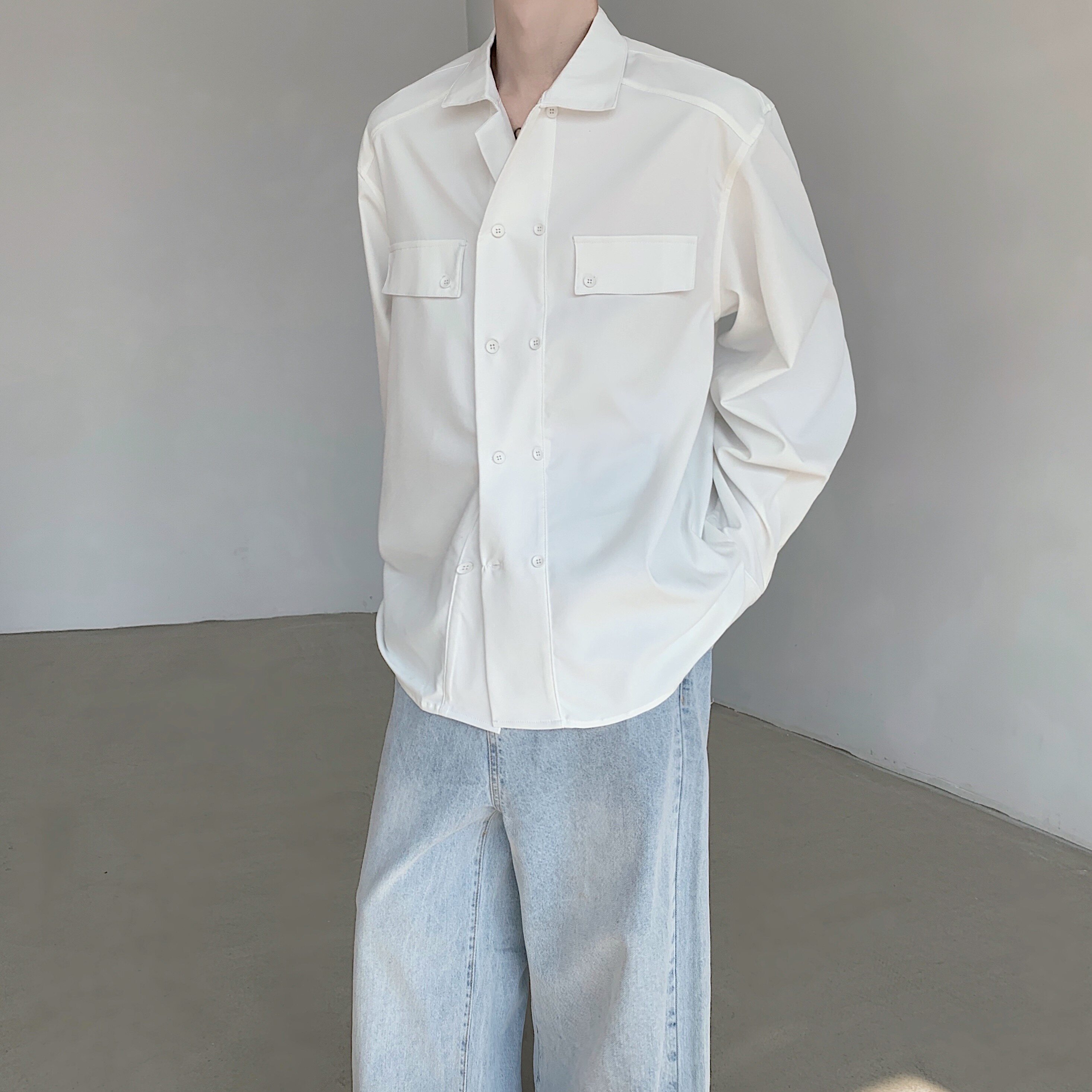 现货！25法式纯白双排扣老钱风男士衬衫cs23-p78,男装衬衫,电商B288