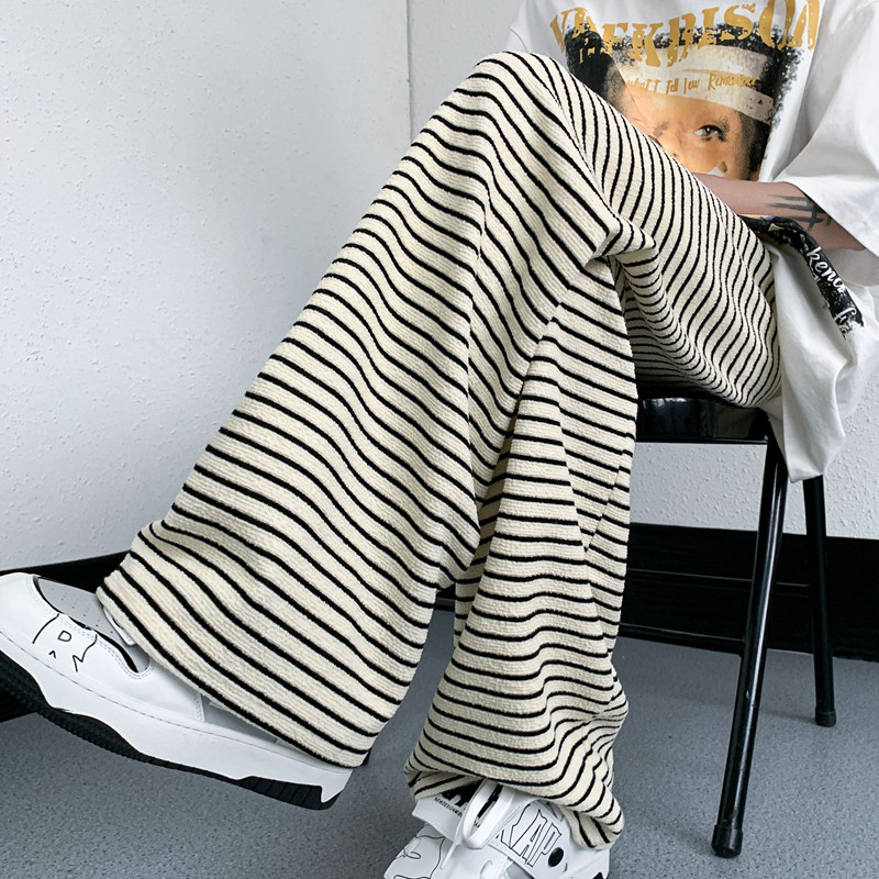 黑白条纹阔腿裤男高腰垂感夏季冰丝宽松休闲直筒裤子CK116-P48，男装休闲裤，电商B288