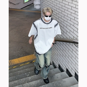现货！25喷绘暗黑高街短袖小众设计感金属字母垫肩T恤男DX58-P58图片