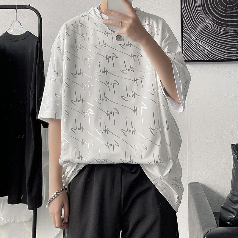 22夏款盐系短袖T恤港风男士宽松韩版黑色蹦迪烫金短袖tx05-p30，男装T恤，电商B288