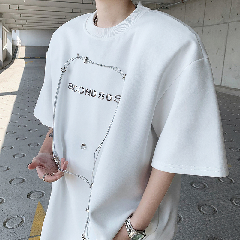 24夏季男士设计感垫肩铆钉印花短袖T恤DX98-P68现货，男装T恤，电商B288