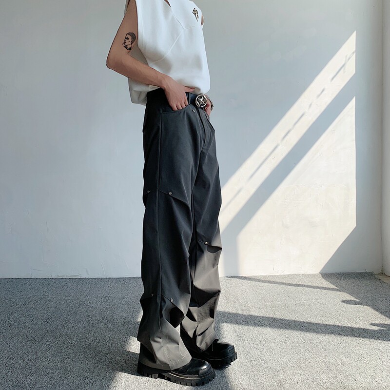 夏季立体裁剪褶皱裤设计感宽松直筒显瘦铆钉阔腿休闲裤CK134-P75,男装休闲裤,电商B288