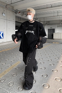 现货！25夏季男士网纱设计假两件金属垫肩T恤DX119-P88图片