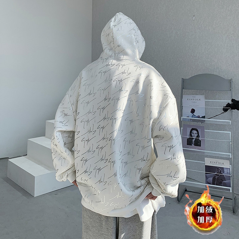 B288冬季加绒加厚字母烫金连帽宽松卫衣外套WY03P78控95，女装短外套，电商B288