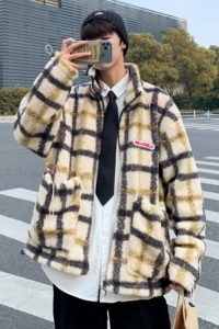 棉衣男港风宽松格子保暖加厚潮牌羊羔毛外套大衣B288-MJ400-P105图片